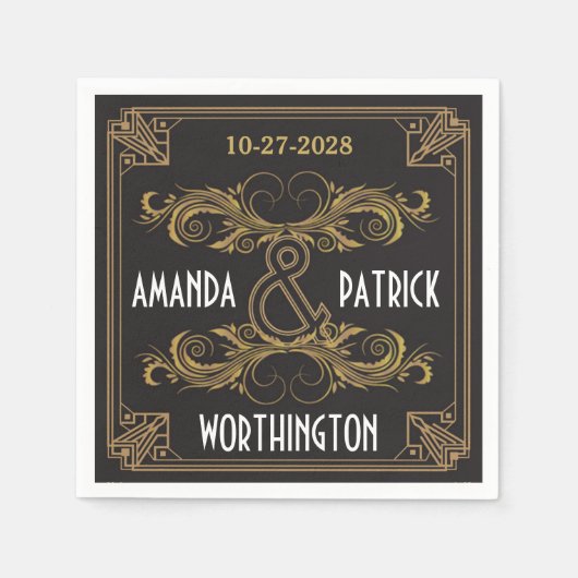 アールデコヴィンテージブラックと金ゴールド結婚ズナプキン スタンダードカクテルナプキン (正面)
