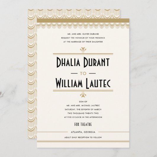 アールデコヴィンテージブラックと金ゴールド結婚ズ 招待状 (正面/裏面)