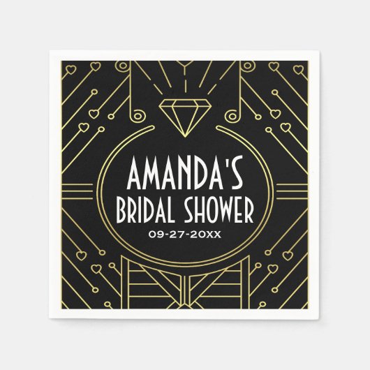 アールデコヴィンテージブラック金ゴールドブライダルシャワーナプキンス スタンダードカクテルナプキン (正面)