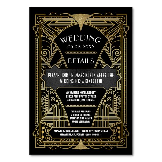 アールデコヴィンテージブラック金ゴールド結婚の挿入カード テーブルナンバー (正面)