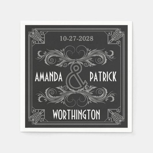 アールデコヴィンテージブラック&シルバー結婚ズ・ナプキン スタンダードカクテルナプキン (正面)
