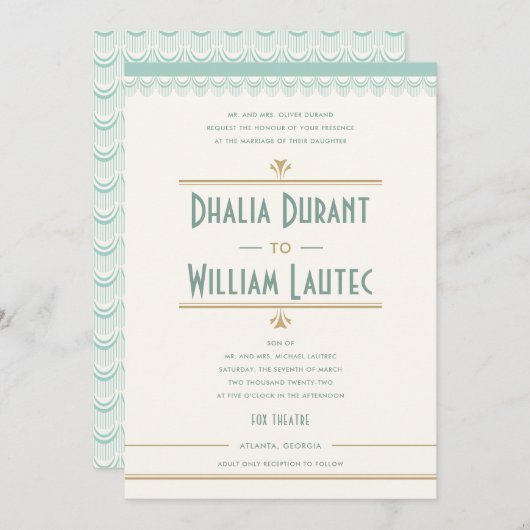 アールデコヴィンテージミントと金ゴールド結婚ズ 招待状 (正面/裏面)