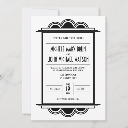 アールデコヴィンテージレトロブラックフレームホワイト結婚ズ 招待状 (正面)