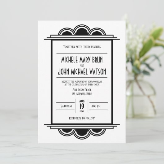 アールデコヴィンテージレトロブラックフレームホワイト結婚ズ 招待状 (スタンド正面)