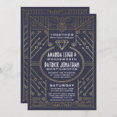 アールデコヴィンテージ海軍と金ゴールド結婚式招待状 招待状 (正面/裏面)