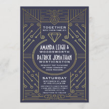 アールデコヴィンテージ海軍と金ゴールド結婚式招待状