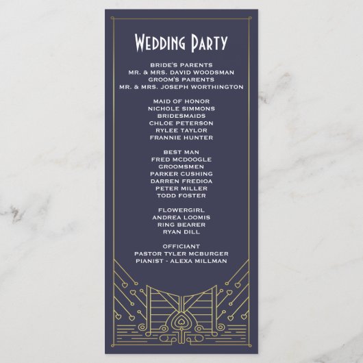 アールデコヴィンテージ海軍と金ゴールド結婚式 プログラム (裏面)