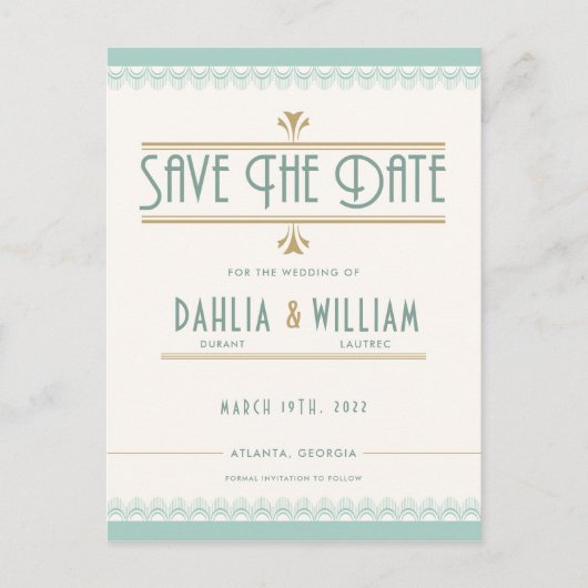 アールデコヴィンテージ金ゴールドとミント日付の保存 案内ポストカード (正面)