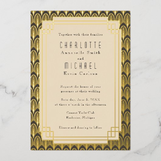 アールデコヴィンテージ金ゴールド 箔招待状 (正面)