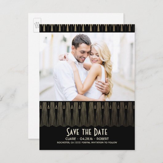 アールデコヴィンテージ黒金ゴールド写真の保存日付 案内ポストカード (正面/裏面)