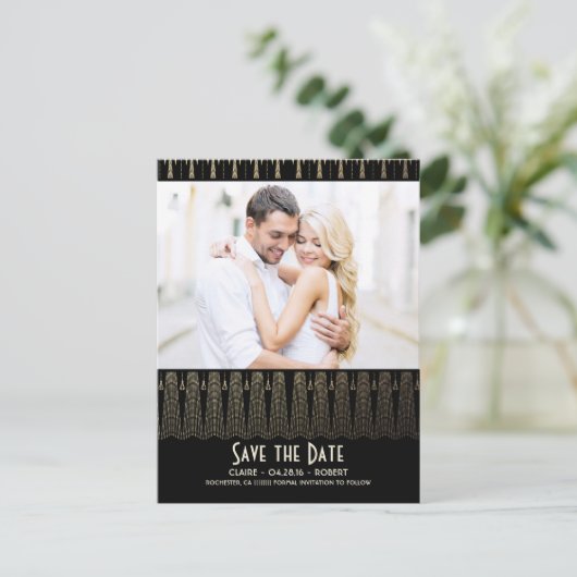 アールデコヴィンテージ黒金ゴールド写真の保存日付 案内ポストカード (スタンド正面)