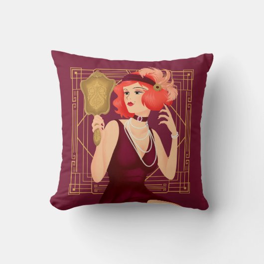 アールデコヴィンテージ1920s女の子金ゴールドフレームブルゴーニュ クッション (正面)