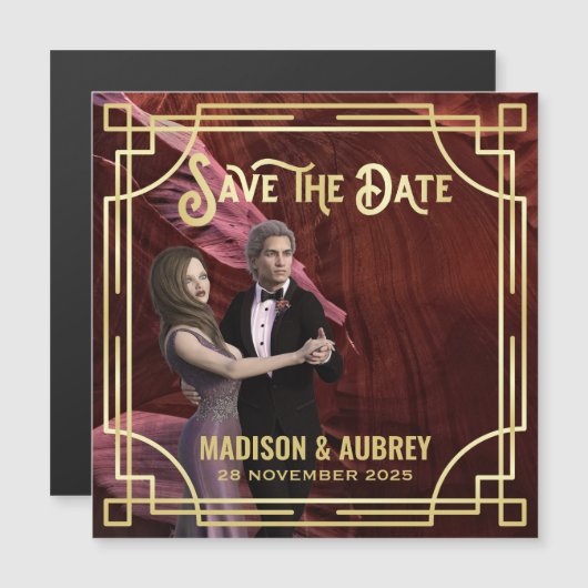 アールデコ写真金ゴールドエレガントの追加日付の保存 (正面/裏面)