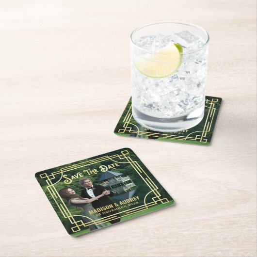 アールデコ写真金ゴールドエレガントの追加日付の保存 スクエアペーパーコースター (インサイチュ)