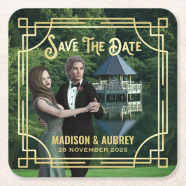 アールデコ写真金ゴールドエレガントの追加日付の保存 スクエアペーパーコースター