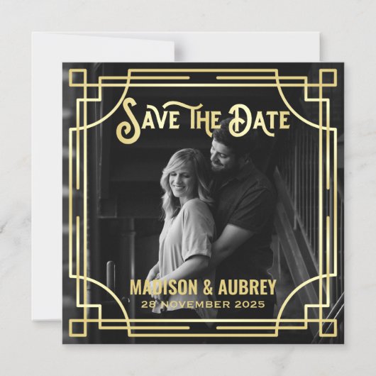 アールデコ写真金ゴールドエレガントの追加日付の保存 マグネット招待状 (正面)