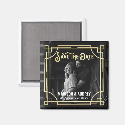 アールデコ写真金ゴールドエレガントの追加日付の保存 マグネット (正面/裏面)