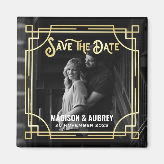 アールデコ写真金ゴールドエレガントの追加日付の保存 マグネット (正面)