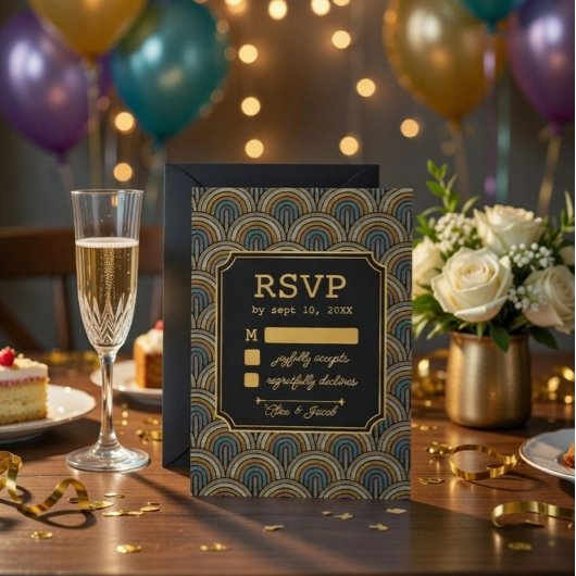 アールデコ刺繍風結婚式RSVPカード 出欠カード