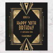 アールデコ名ハッピー50番目の誕生日金ゴールドブラック ワインラベル (シングルラベル)