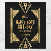アールデコ名ハッピー60th誕生日金ゴールドブラック ワインラベル (シングルラベル)