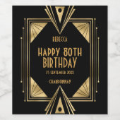 アールデコ名ハッピー80th誕生日金ゴールドブラック ワインラベル (シングルラベル)