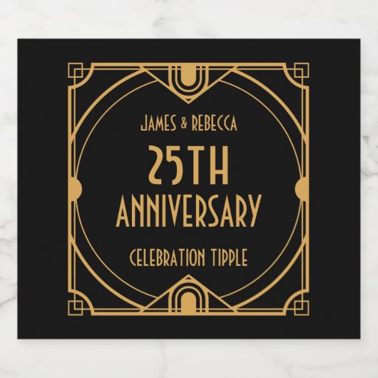 アールデコ名25周年記念お祝いブラック スパークリングワインラベル (シングルラベル)