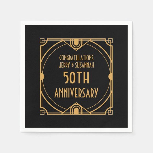 アールデコ名50周年結婚ブラック スタンダードカクテルナプキン (正面)