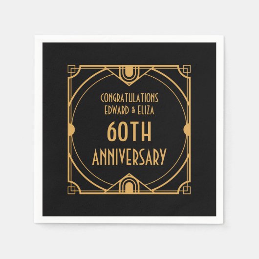 アールデコ名60周年結婚金ゴールドブラック スタンダードカクテルナプキン (正面)
