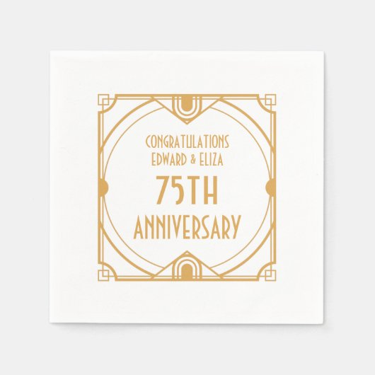 アールデコ名75周年結婚金ゴールドホワイト スタンダードカクテルナプキン (正面)