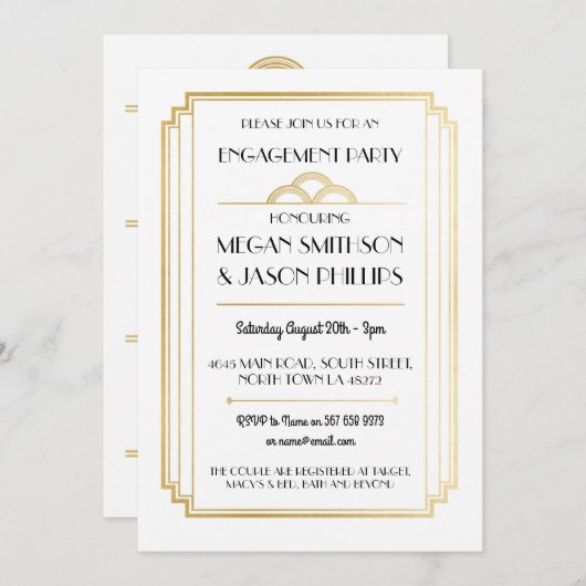 アールデコ婚約パーティ招待状金ゴールド 招待状 (正面/裏面)