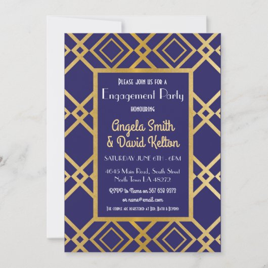 アールデコ婚約招待状招待状海軍金ゴールド 招待状 (正面)