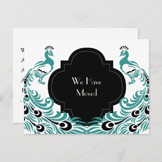 アールデコ孔雀の住所の白黒 案内ポストカード (正面/裏面)