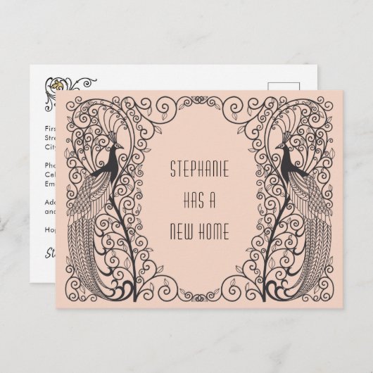 アールデコ孔雀の新しいアドレスの移動 案内ポストカード (正面/裏面)