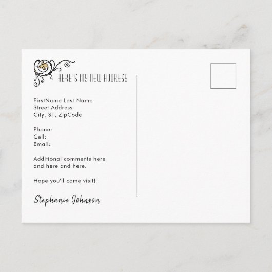 アールデコ孔雀の新しいアドレスの移動 案内ポストカード (裏面)