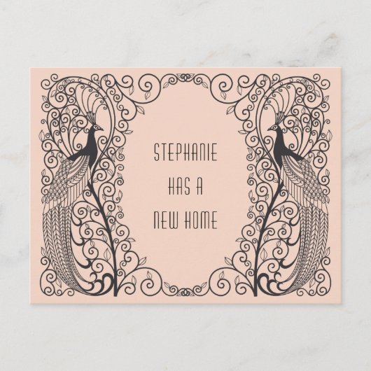 アールデコ孔雀の新しいアドレスの移動 案内ポストカード (正面)
