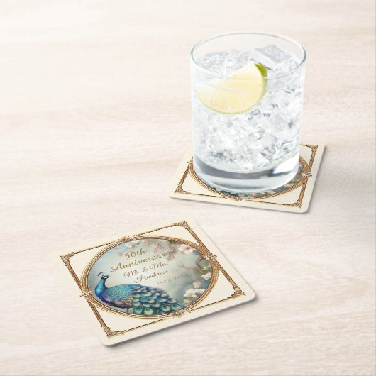 アールデコ孔雀エレガントの花50周年 スクエアペーパーコースター (インサイチュ)