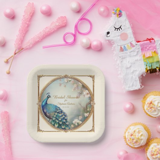 アールデコ孔雀エレガント羽花の木 ペーパープレート (パーティー)