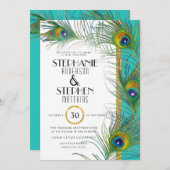 アールデコ孔雀フェザーモダン金ゴールド結婚ティール(緑がかった色) 招待状 (正面/裏面)