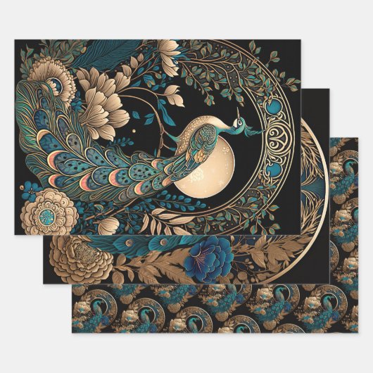 アールデコ孔雀 ラッピングペーパーシート (セット)