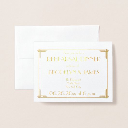 アールデコ実在ゴールドフォイルのリハ結婚ーサル招待状 箔カード (封筒付き正面)