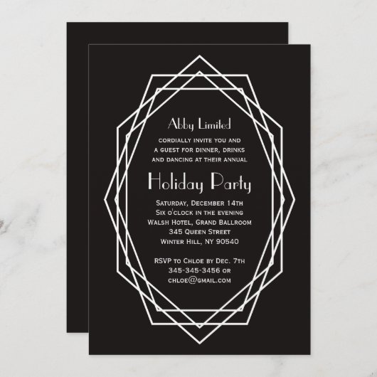 アールデコ幾何企業のホリデーパーティブラック 招待状 (正面/裏面)
