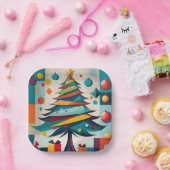 アールデコ幾何学的に楽しいクリスマスツリーとギフト ペーパープレート (パーティー)