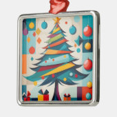 アールデコ幾何学的に楽しいクリスマスツリーとギフト メタルオーナメント (左)