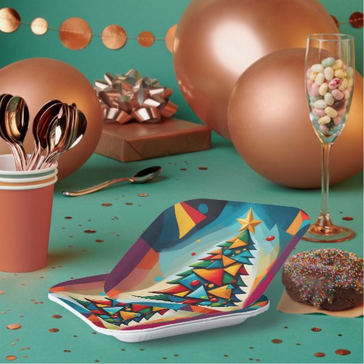 アールデコ幾何学的クリスマスツリー三角形天国 ペーパープレート (複数)