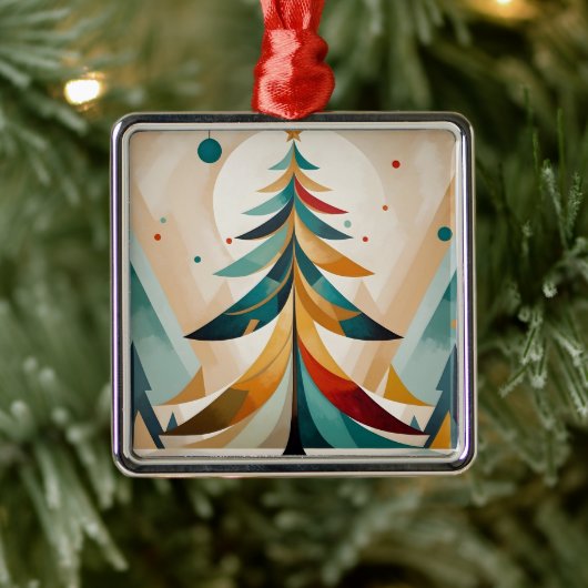 アールデコ幾何学的クリスマスフェザー付きブランチ メタルオーナメント (ツリー)