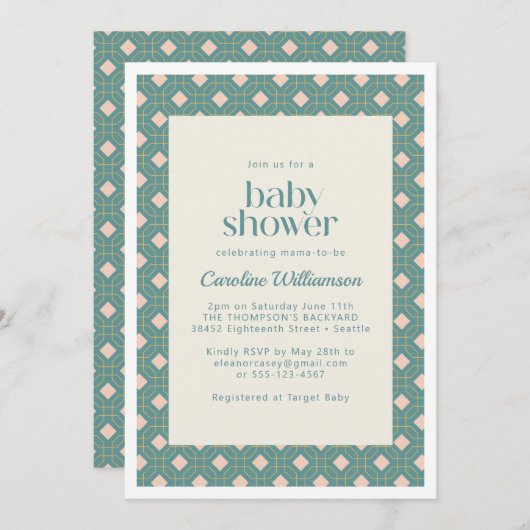 アールデコ幾何学的ティール（緑がかった色）とピンクベビーシャワー 招待状 (正面/裏面)