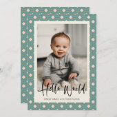 アールデコ幾何学的ティール（緑がかった色）とピンクベビーフォト誕生 案内状 (正面/裏面)