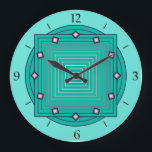 アールデコ幾何学的、アクアおよびターコイズブルー ラージ壁時計<br><div class="desc">アクアから深いのターコイズ/ティール（緑がかった色）まストライプで、明るいアクアの背景にグラデーションから成る、重なり合う幾何学的パターンの時計、時間で3dのダイヤモンドの形をしたアクセントを持つ</div>