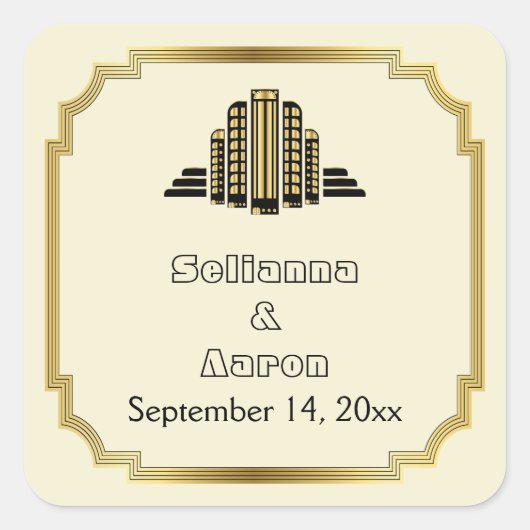 アールデコ建物黒金ゴールド結婚式日付を保存 スクエアシール (正面)